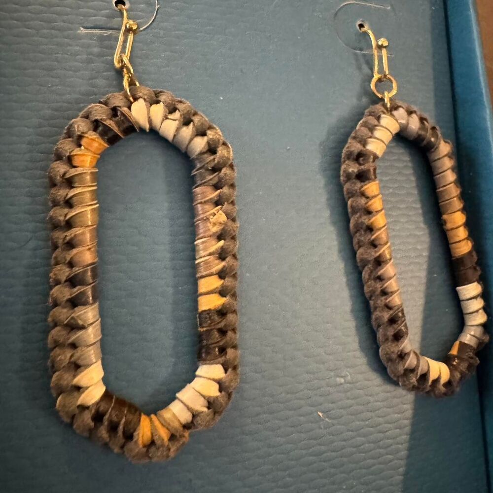 Parker Rose Oval Woven Drop Earrings Brown Neutral Boho Dangle - Picture 3 of 6